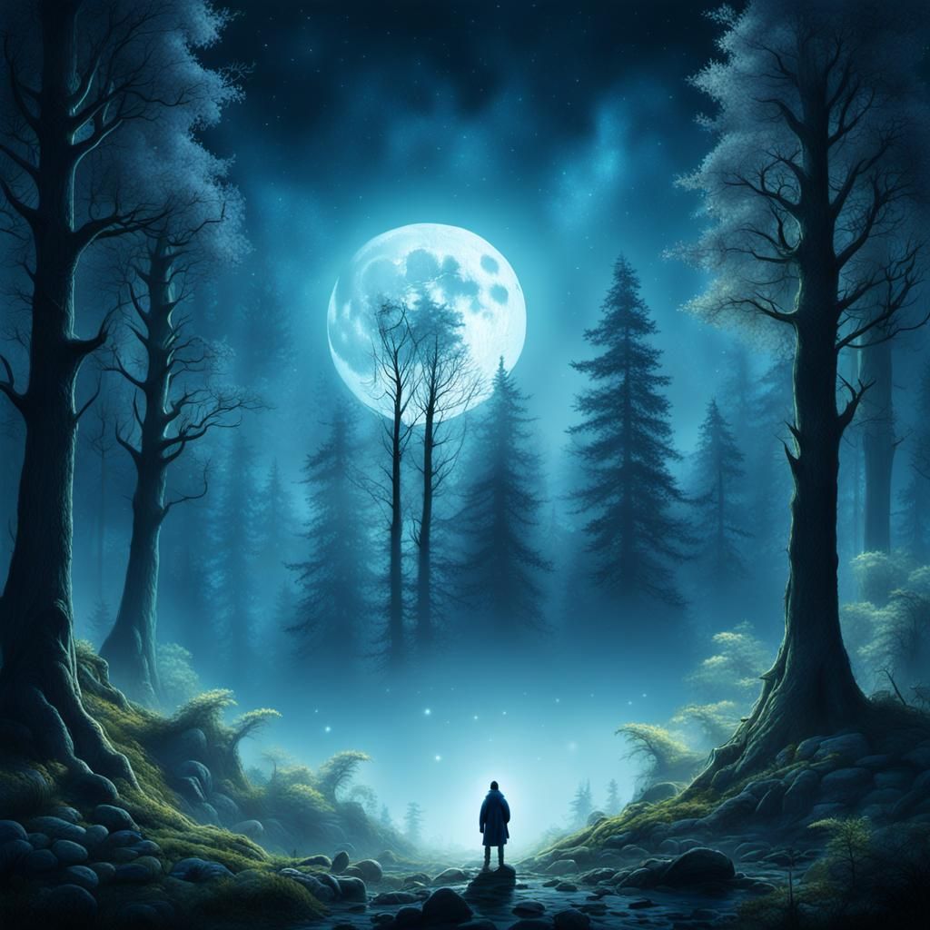 Mystical Forest Under Moon in Fantasy Matte Painting