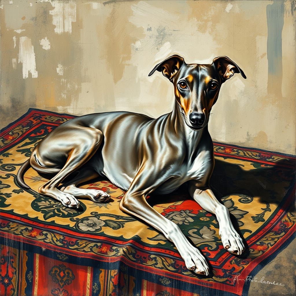 Whippet in Luxurious Tapis, Expressive Gouache and Watercolo...