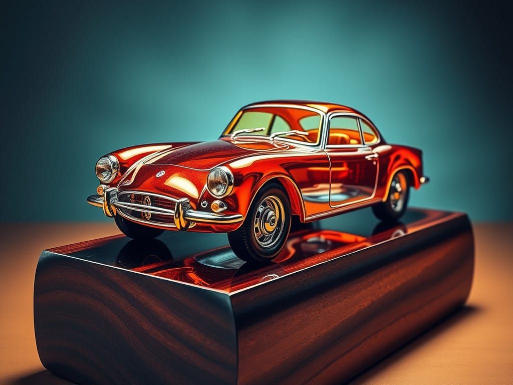 Glass Car Figurine on Wood in Vibrant Vintage Manga Style