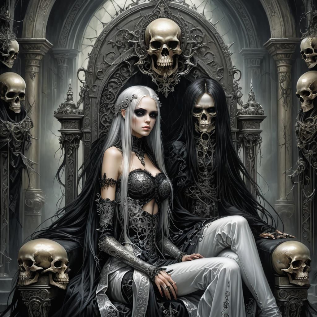 Gothic Emo Girl on Throne with Silver Skulls