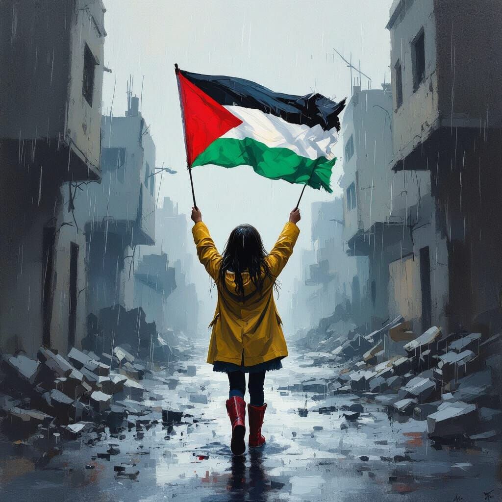 Resilient Girl Holds Palestinian Flag in War-Torn Streets