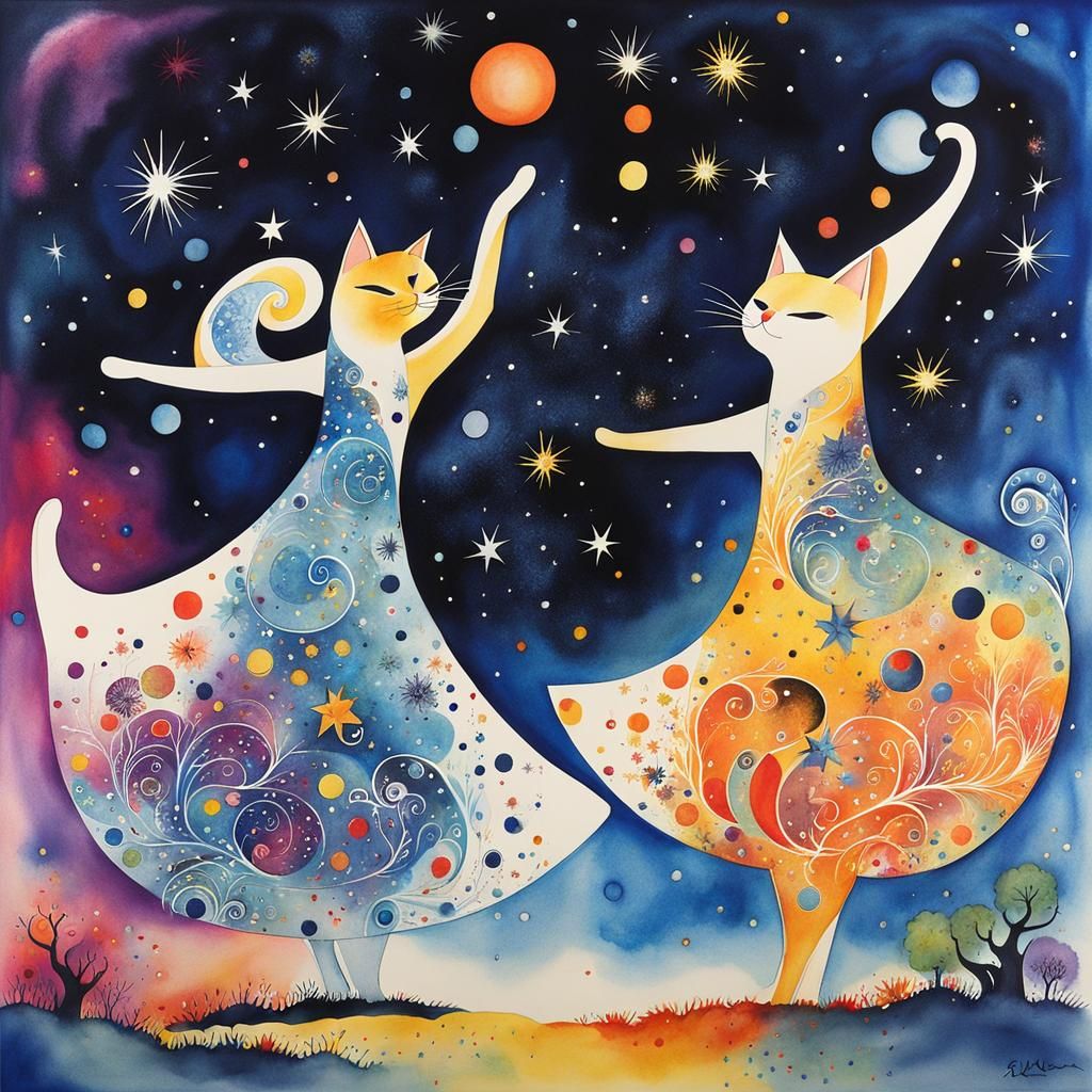 Cats Dancing in Moonlight: Watercolor Ink Splash Art