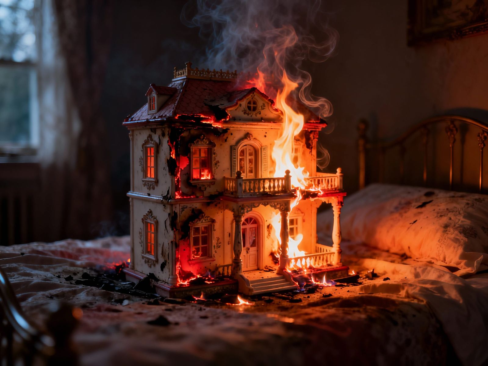 Burning Dollhouse Deteriorates in Dimly Lit Room, Cinematic ...