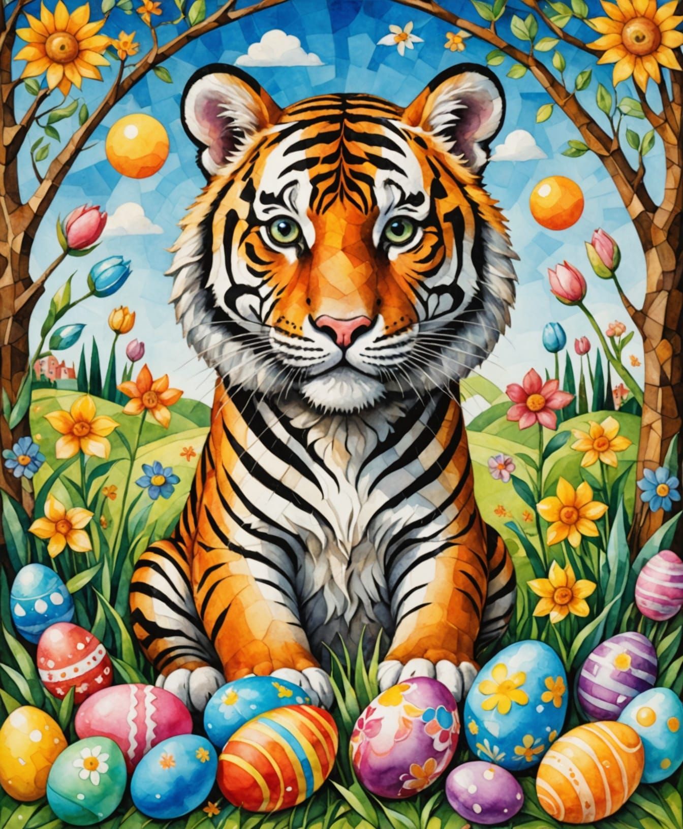 Vibrant Cubist Easter Scene with Tiger and Watercolor Detail...