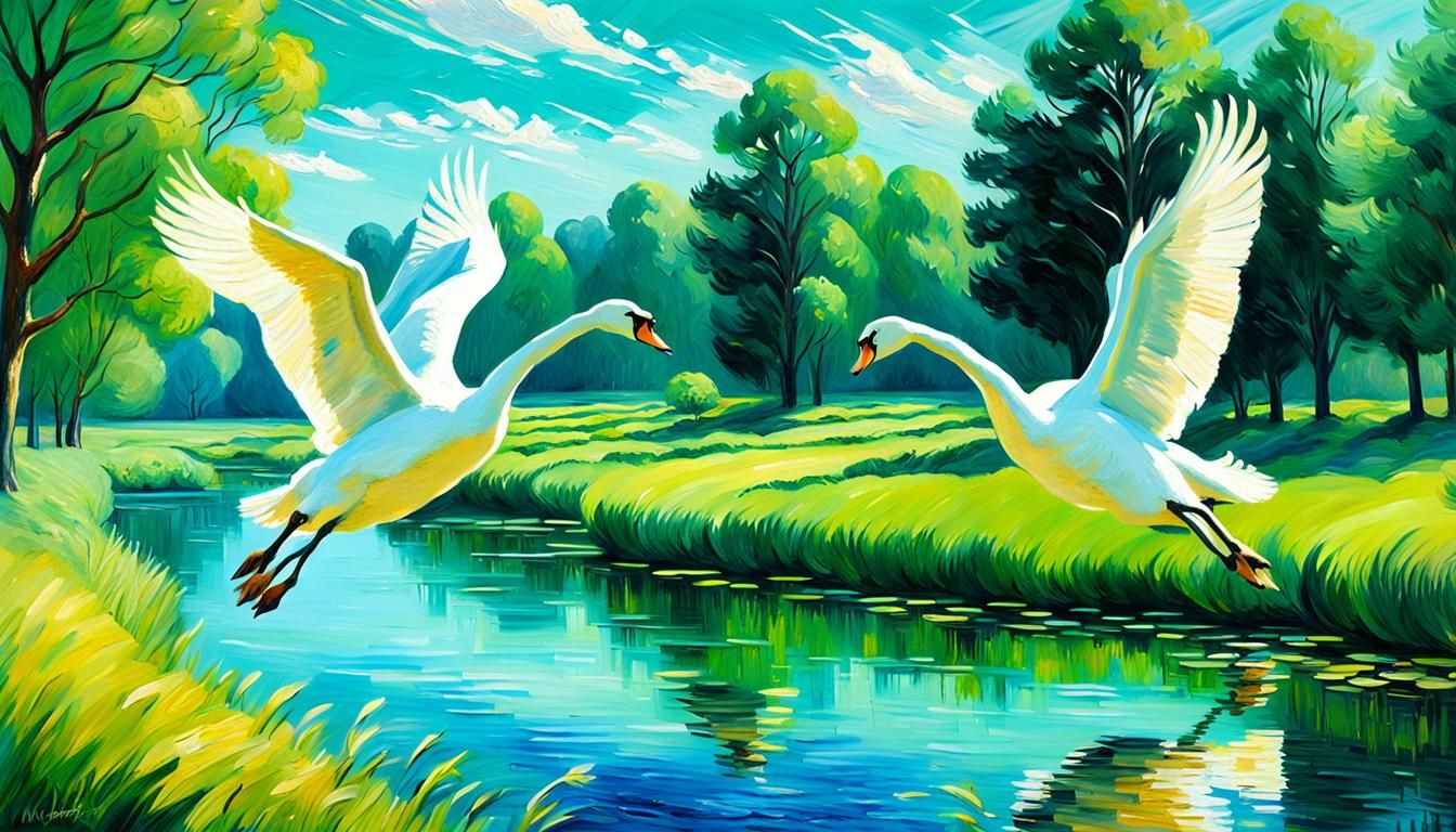 Swans Flying in Impressionist Landscape Painting