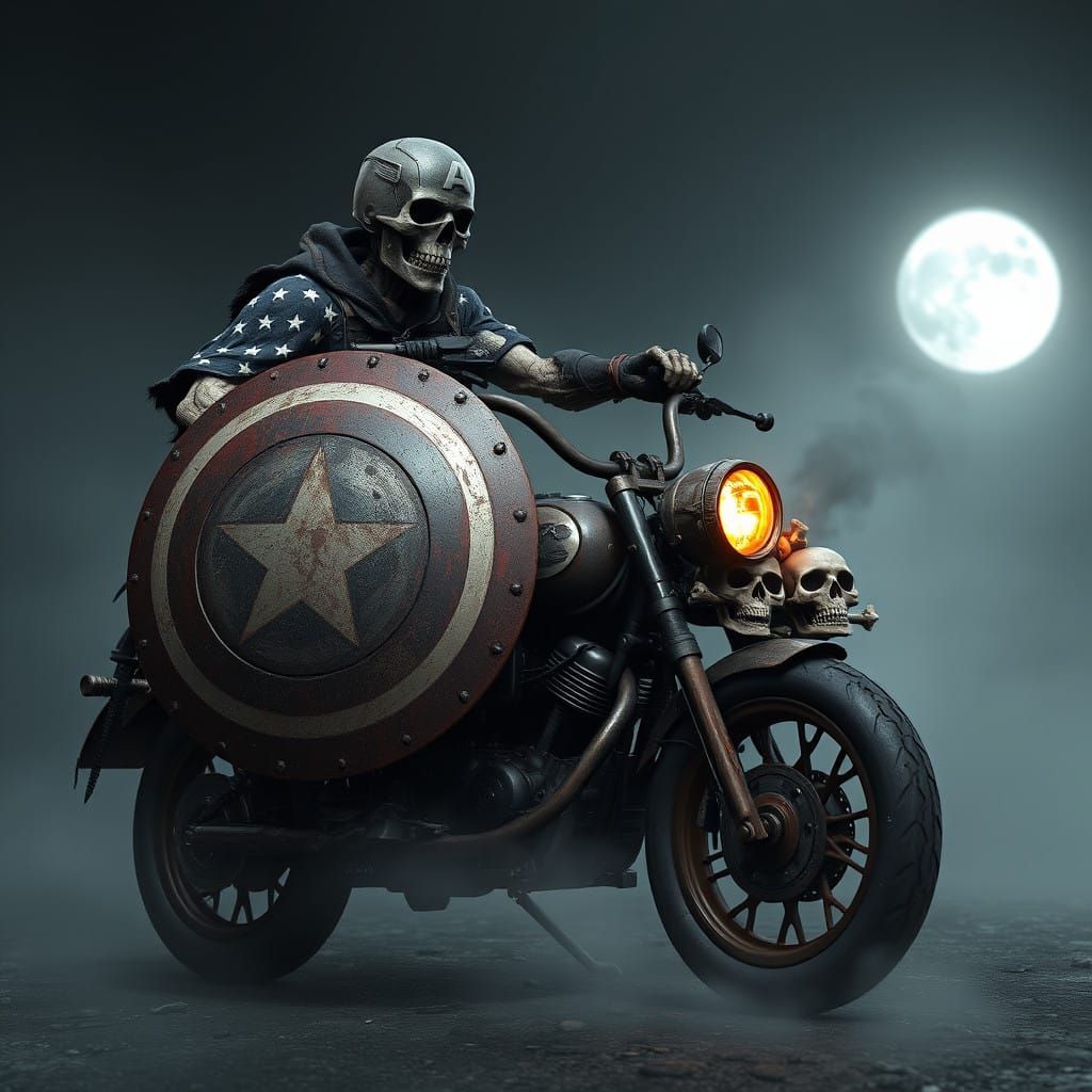 Skeletal Captain America Rides Skull Motorcycle Amidst Eerie...