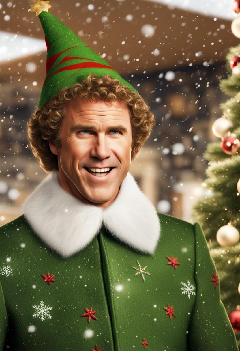 Festive Elf Portrait with Christmas Tree and Snow