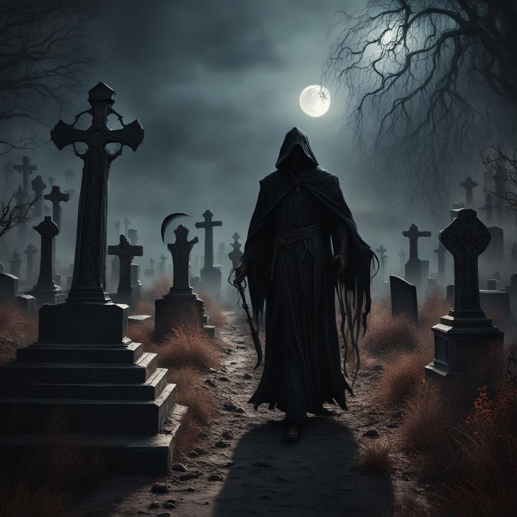 Grim Reaper in Graveyard: Detailed Matte Painting