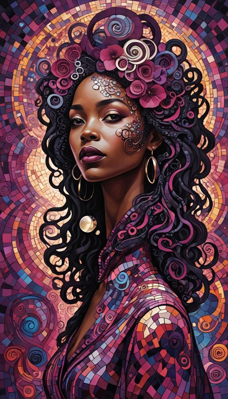 Melanin Singer in Surreal Semi-Mosaic Illustration