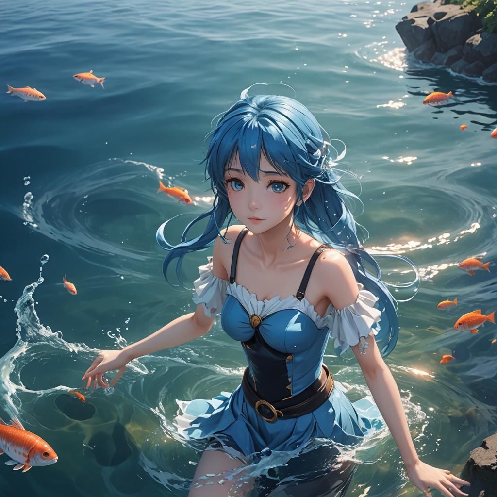 A blue clean anime girl with soft skin in the sea looking around in the sea at fishs.