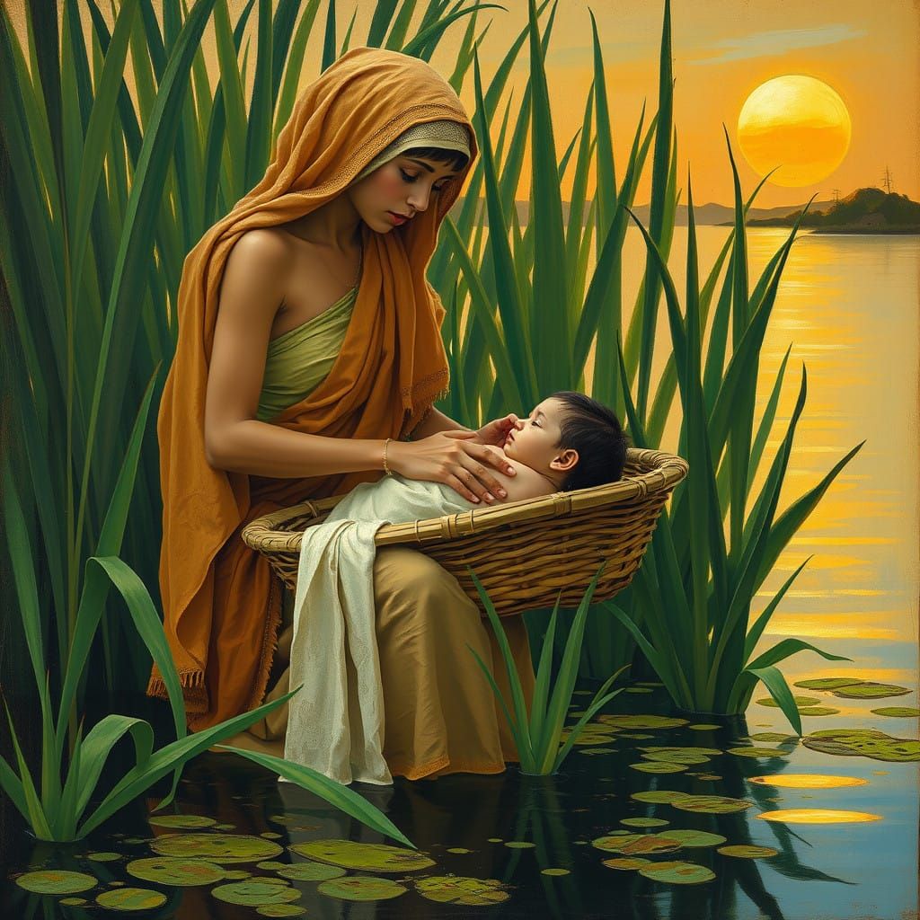 Ancient Egyptian Mother Places Baby in Papyrus Basket Amidst...