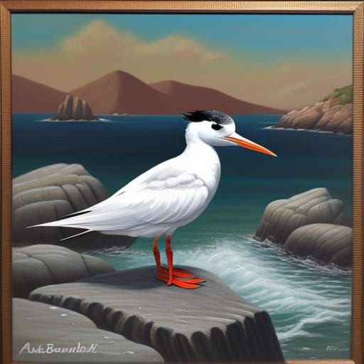 A tern walking on a rocky shore in a traditional oil painting. Aububon