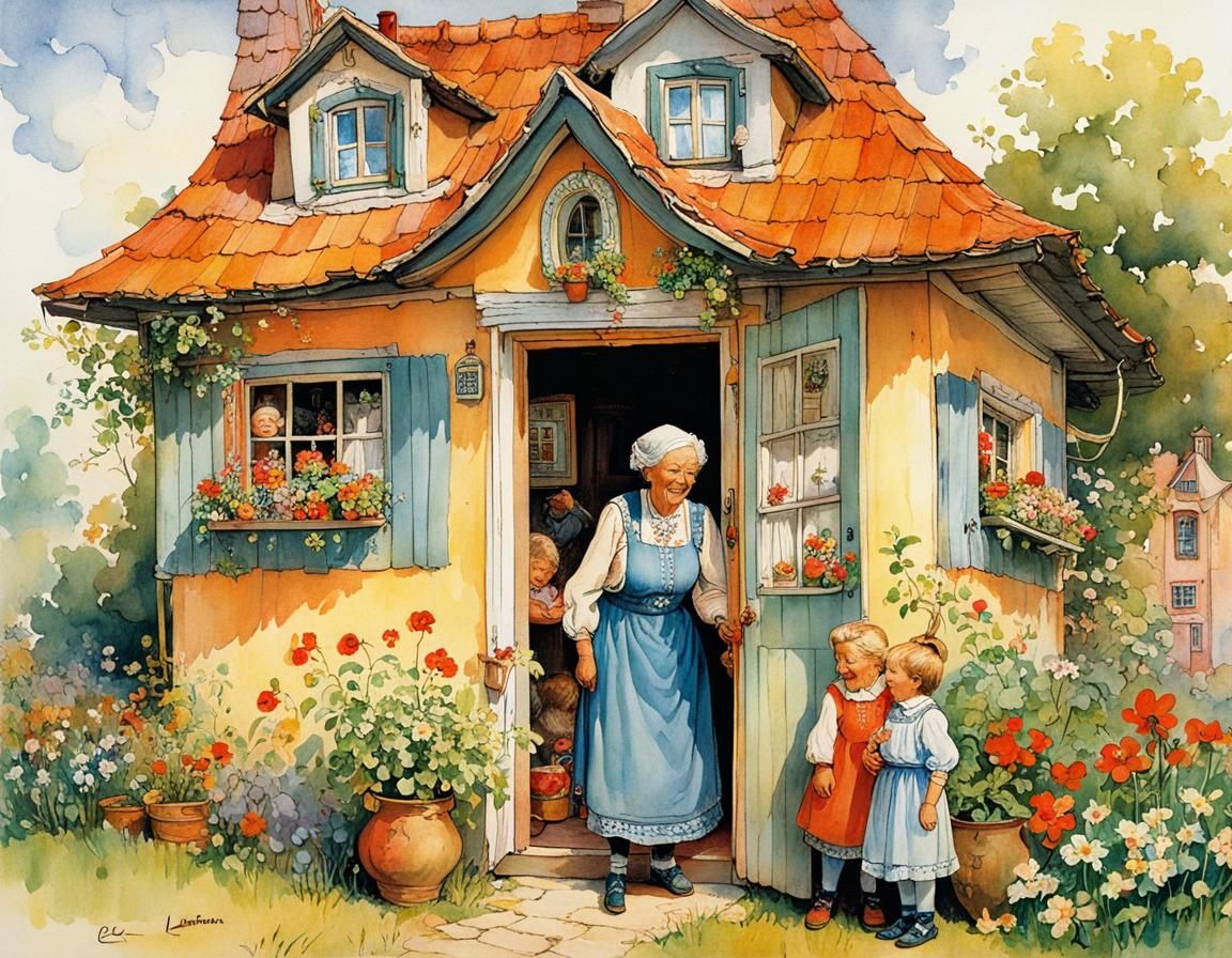 Grandmother Welcomes Grandchildren: A Cozy Scene