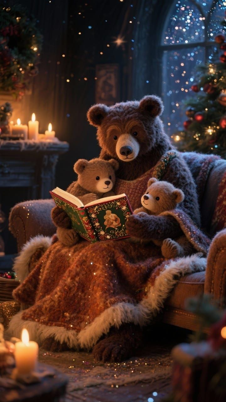 Mother Bear Reads Christmas Story to Cubs on Cozy Sofa