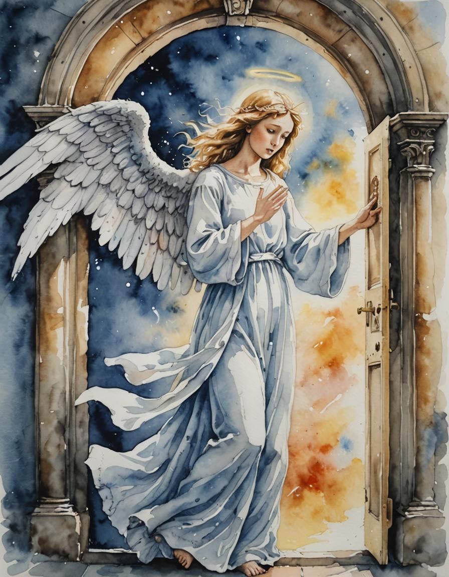 Angel Knocking on Heaven's Door in Watercolour