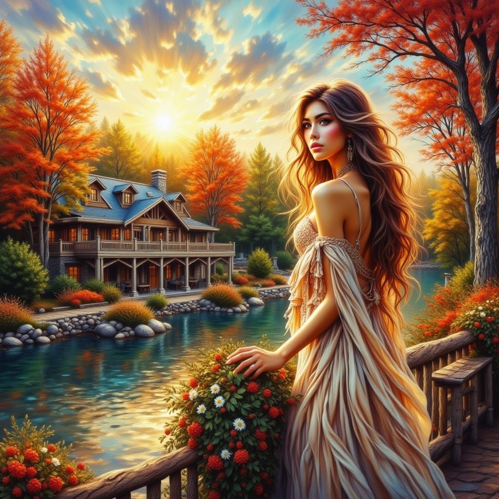 Elegant Woman Observes Autumn Arriving at Lake House
