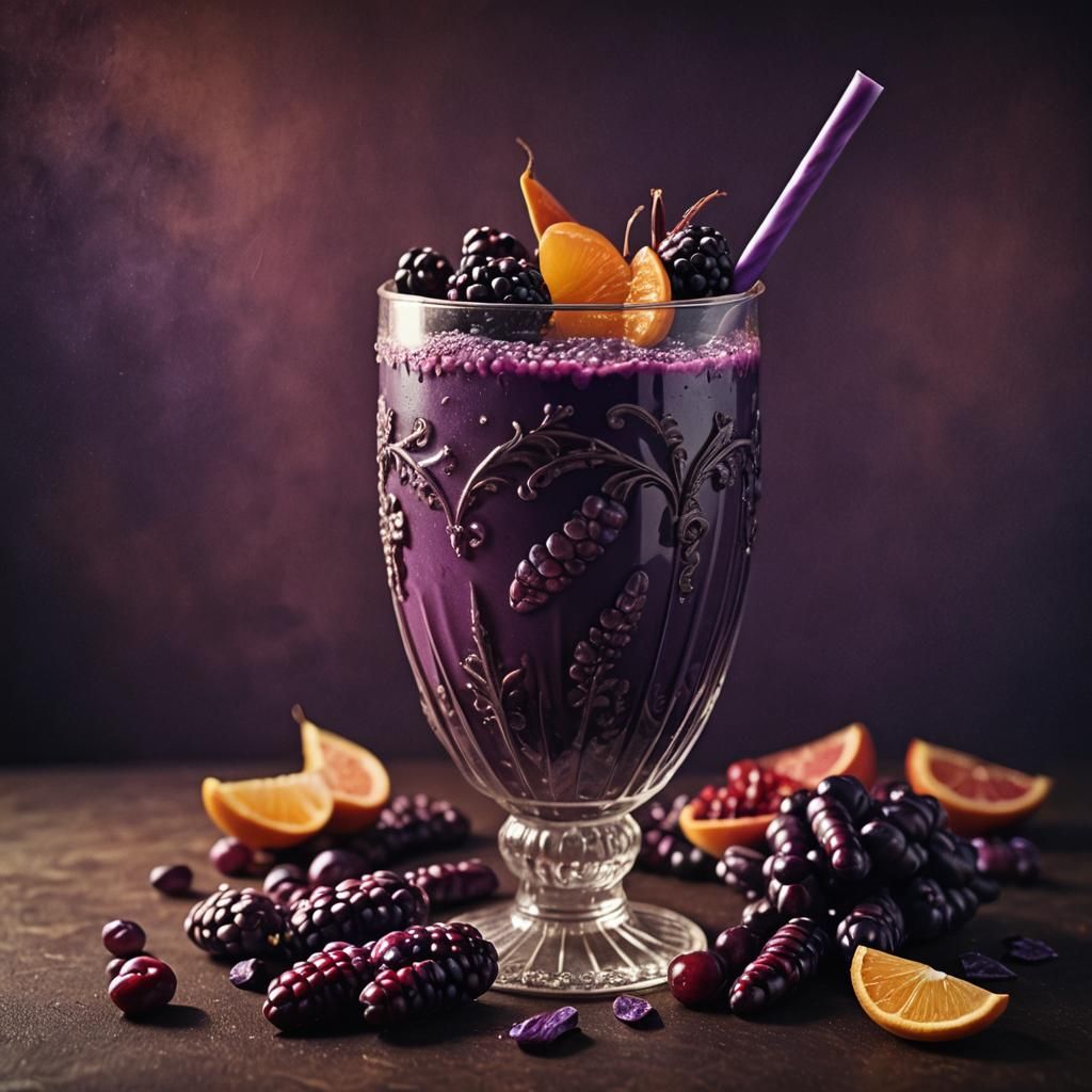 Purple Corn Drink with Fruits in Cinematic Style