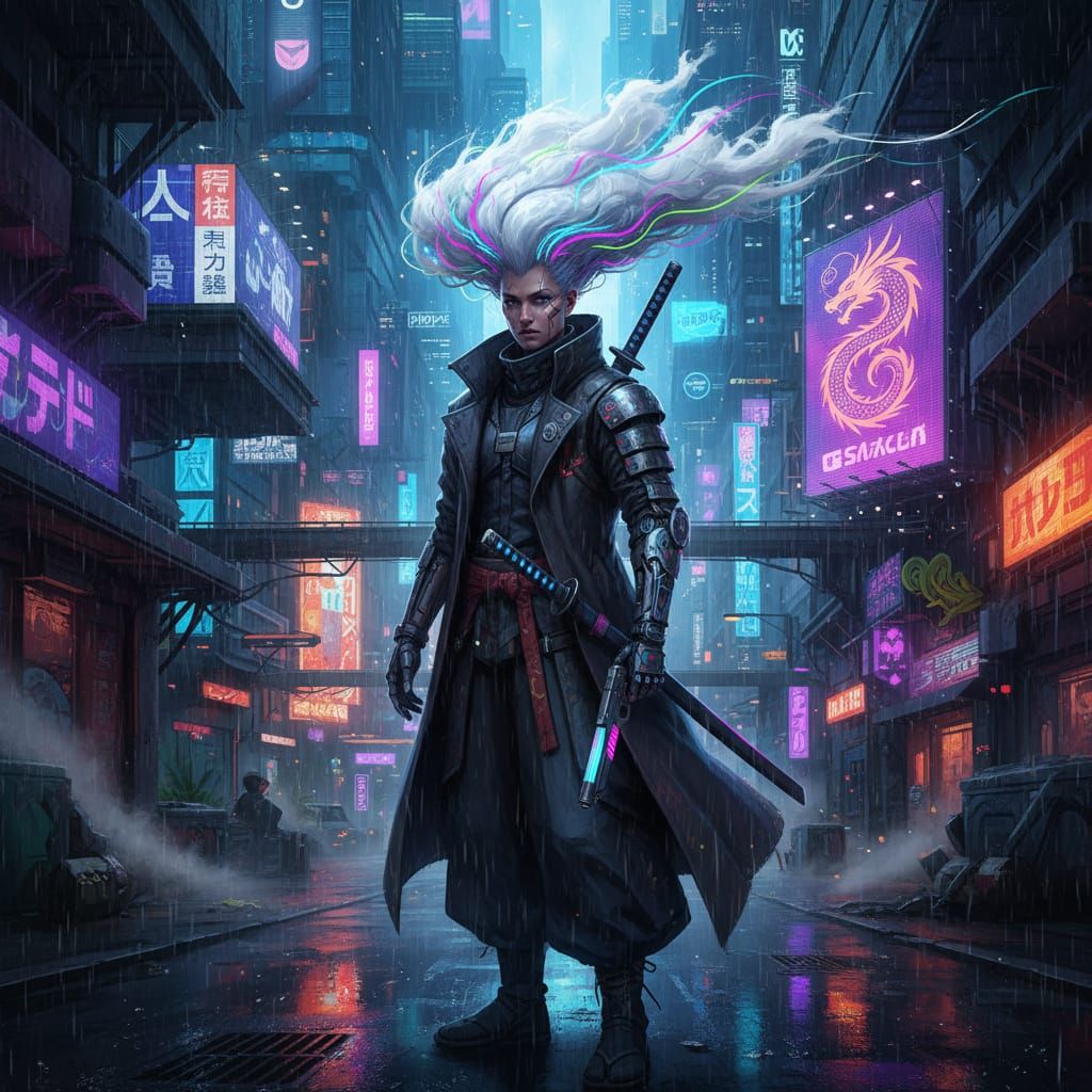 Cyberpunk Samurai with Cloud-like Neon Hair