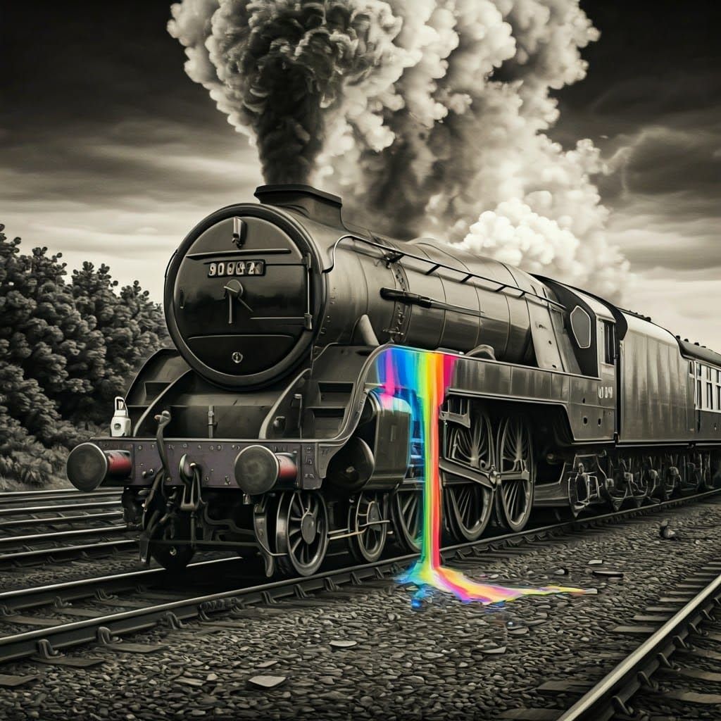 Monochrome Steam Train with Rainbow Vortex