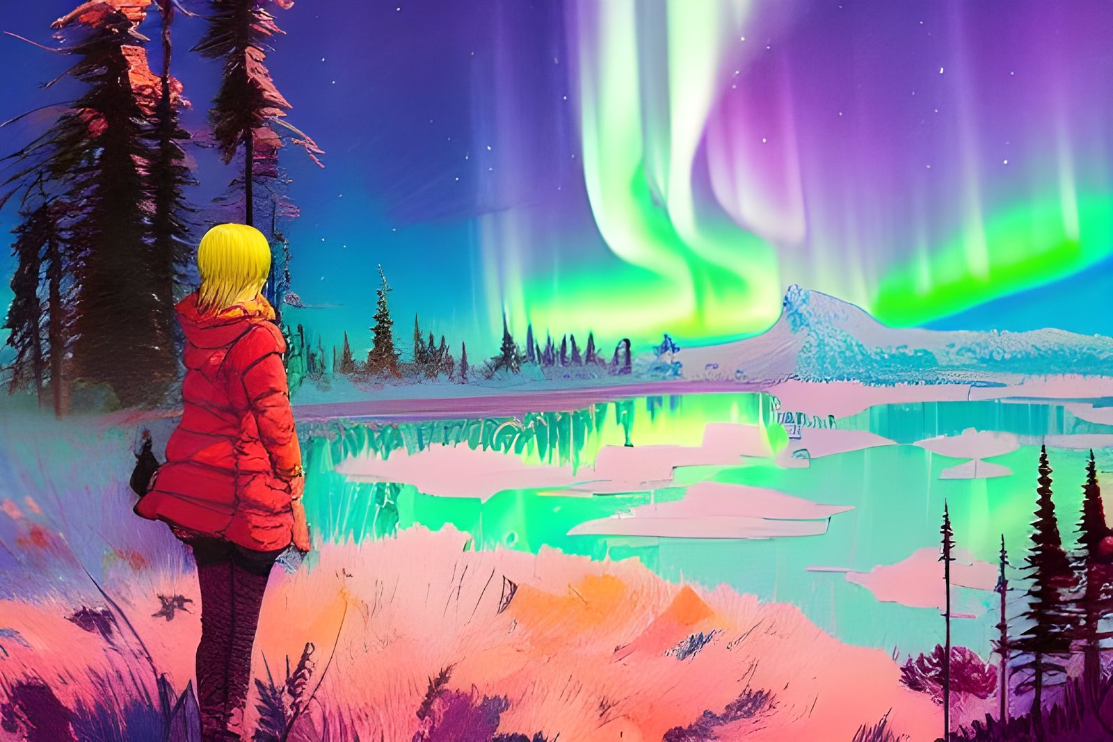 Girl Watches Aurora Borealis in Fantasy Landscape