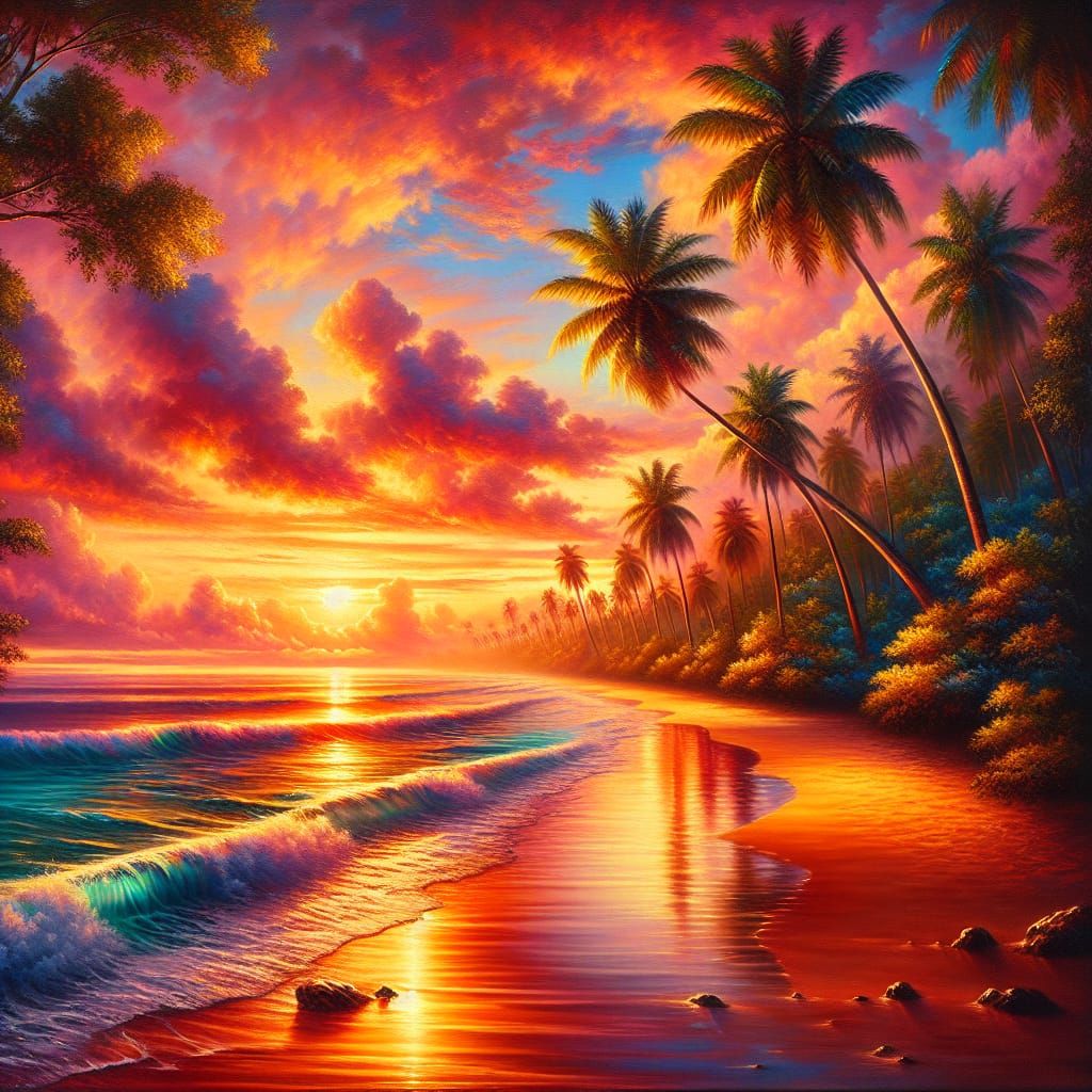 Romantic Tropical Sunset in Impressionist Style