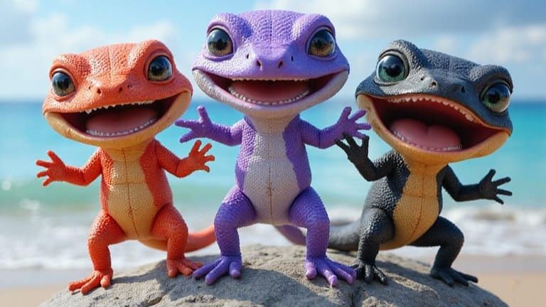 Cute Lizards Dance on Beach Rock in Vibrant Anime Style