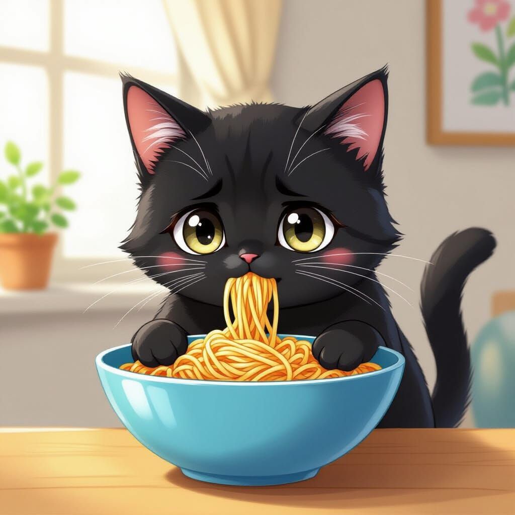 Anime Cat Eating Spaghetti in Ghibli Style