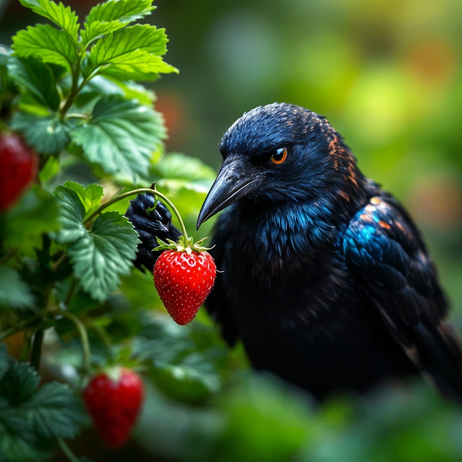 Raven Plucking Strawberry in Soft Light