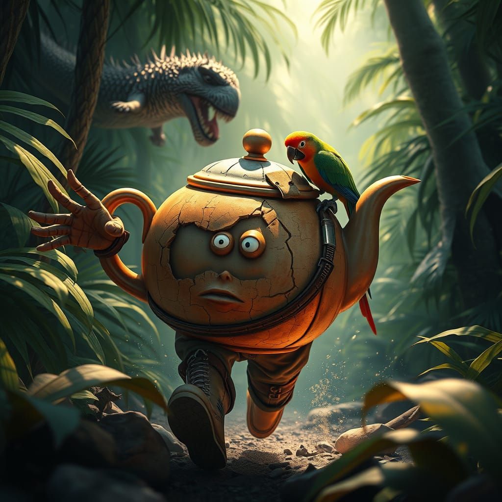 Terrified Tea Pot Flees Jungle Predator in Concept Art Style