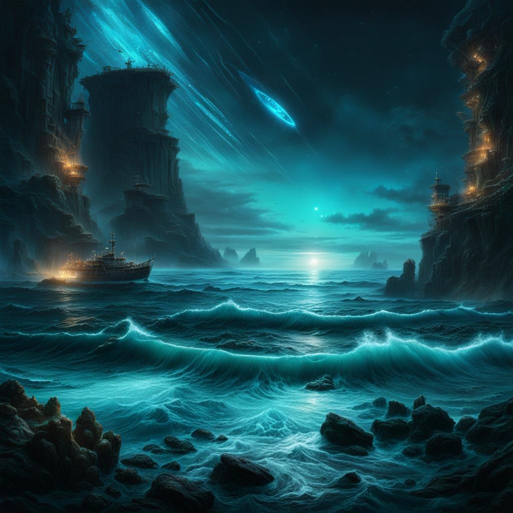 Bioluminescent Sea in Digital Matte Painting Style