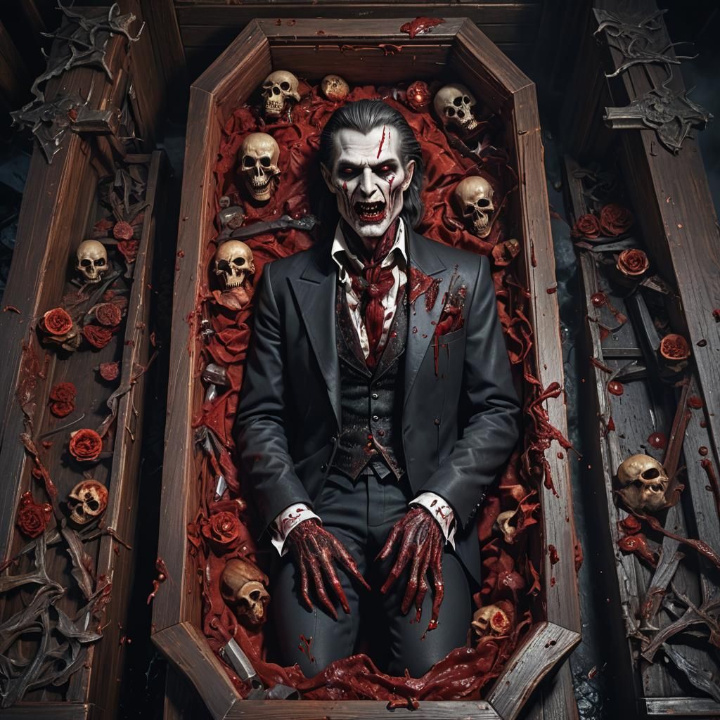 Horror Vampire in Blood-Soaked Coffin