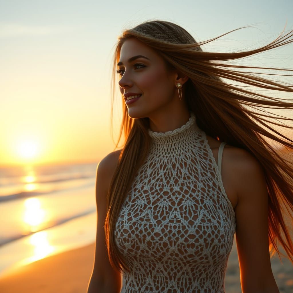 Elegant Woman on Beach at Dusk, Art Nouveau Style