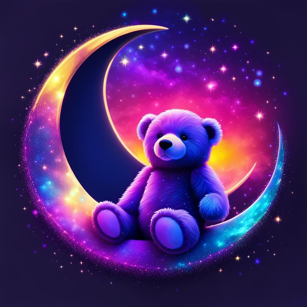 Neon Teddy Bear on Glitter Moon: Digital Art