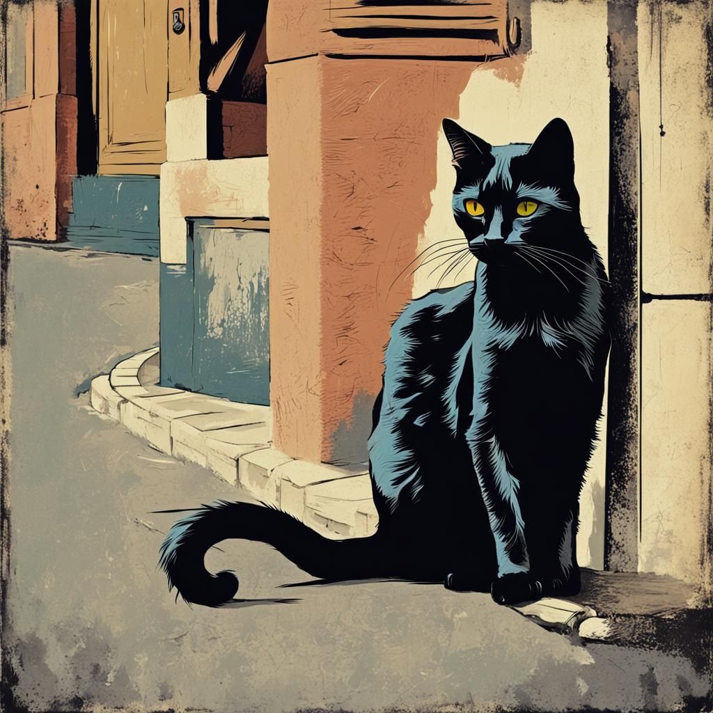 Vintage Black Cat on Street Corner in Abstract Art