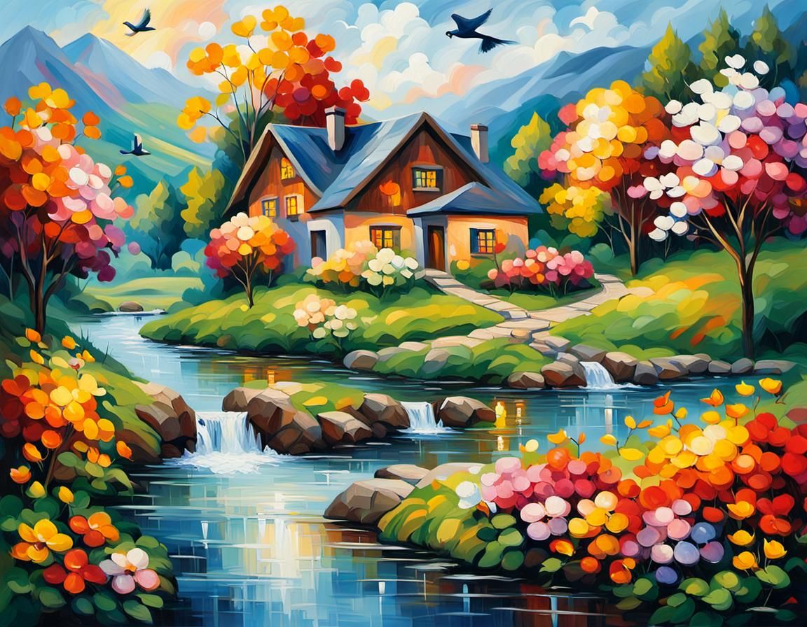 Idyllic Swiss Landscape in Neo-Impressionist Style