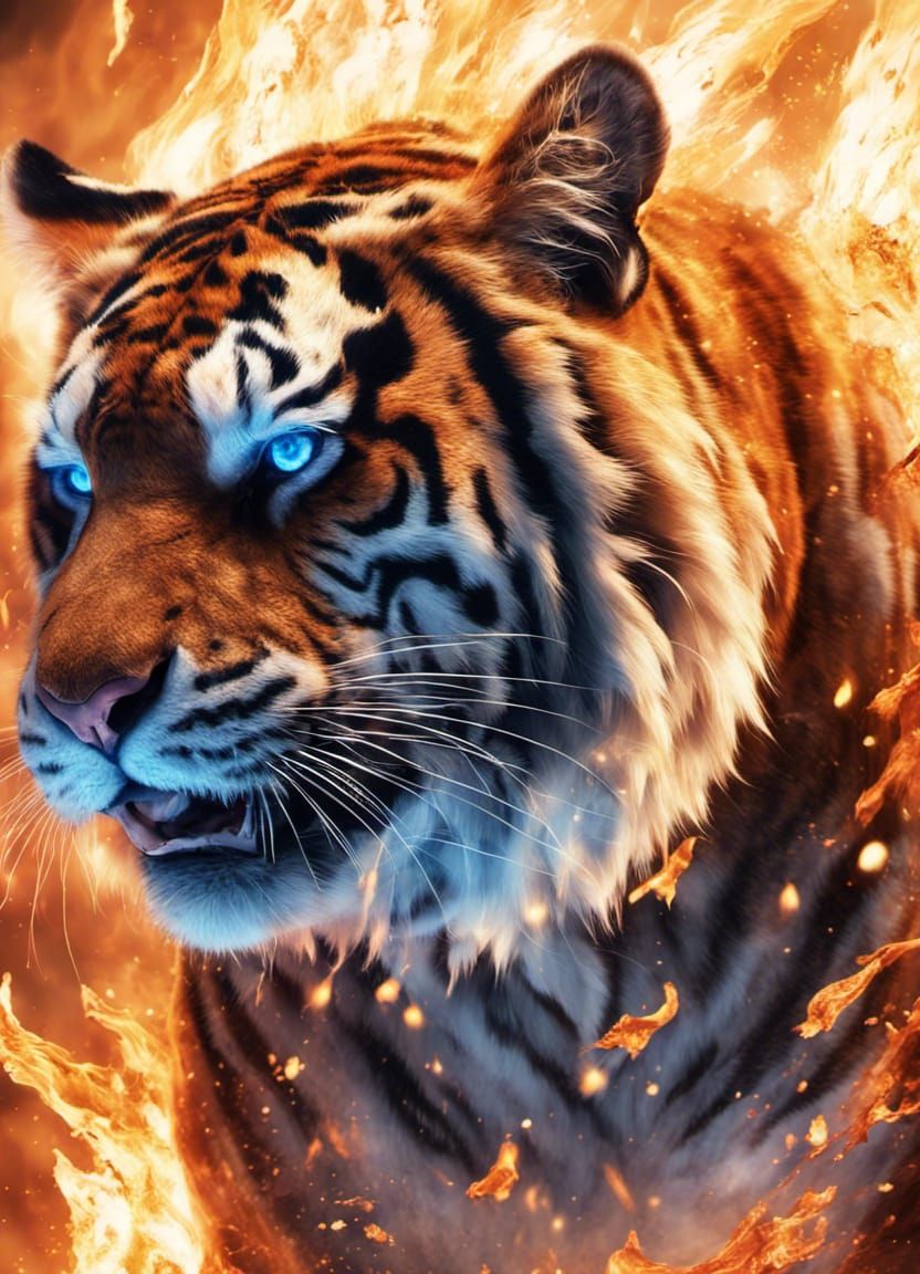 Obese Tiger with Blue Eyes in Fiery Explosion