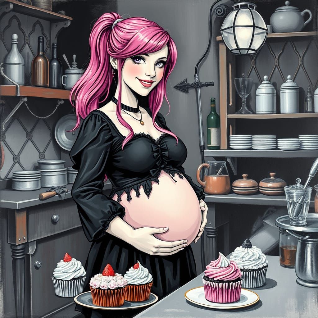 Gothic Bride Smiles in a Dark Kitchen