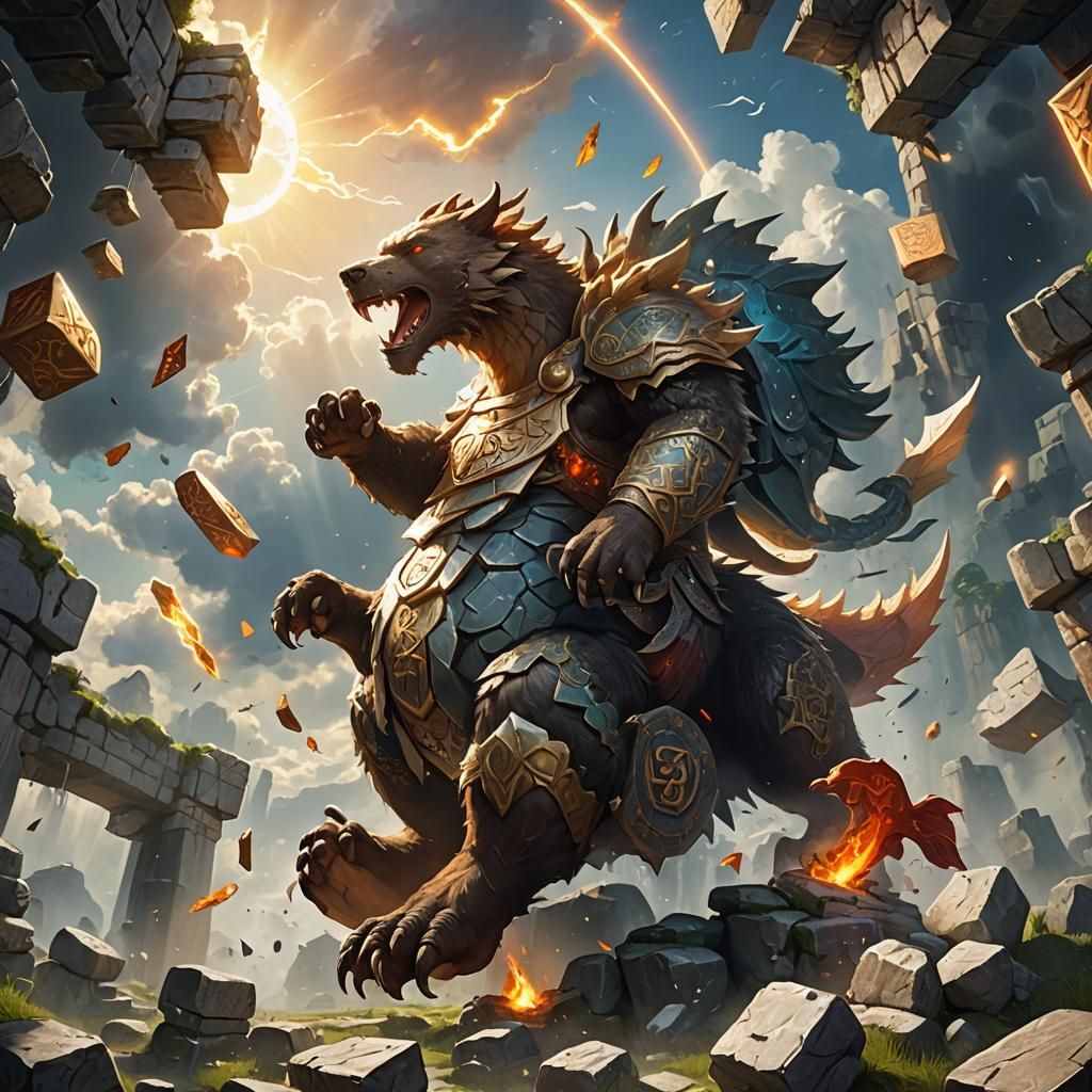 Dragon Escaping Ruins Into Heavenly Sunlight