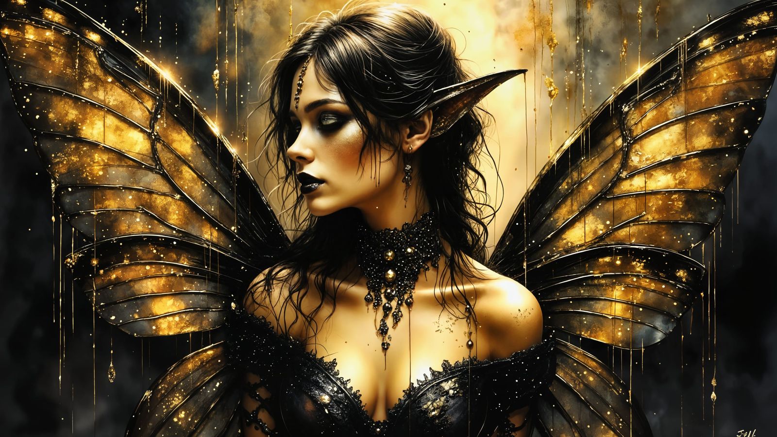 Gothic Fairy with Gold Wings in Jewel Tones