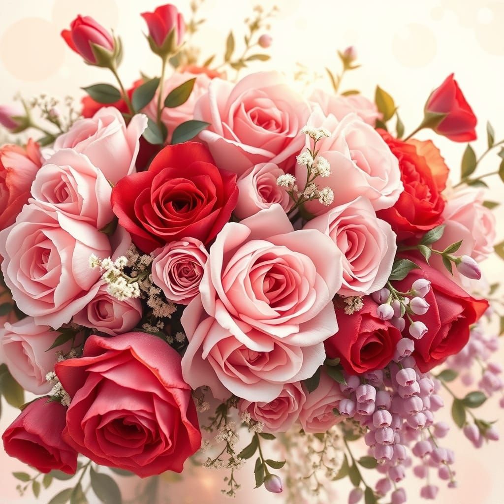 A dreamy floral composition featuring lush, fully bloomed roses