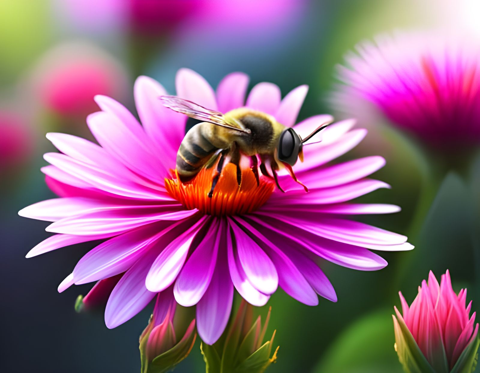 Honeybee in Cosmic Flower Garden: Hyperdetailed Concept Art