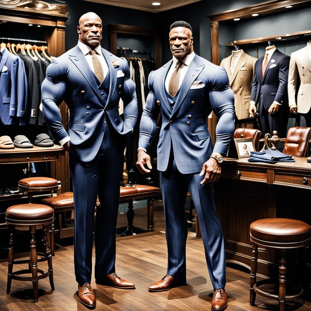 Bodybuilder Getting Fitted for Suit in Rockwell Style