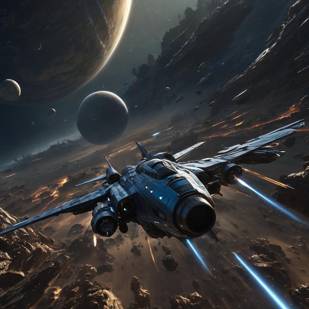 Futuristic Spaceship Passes Earth-like Planet in Sci-Fi Art