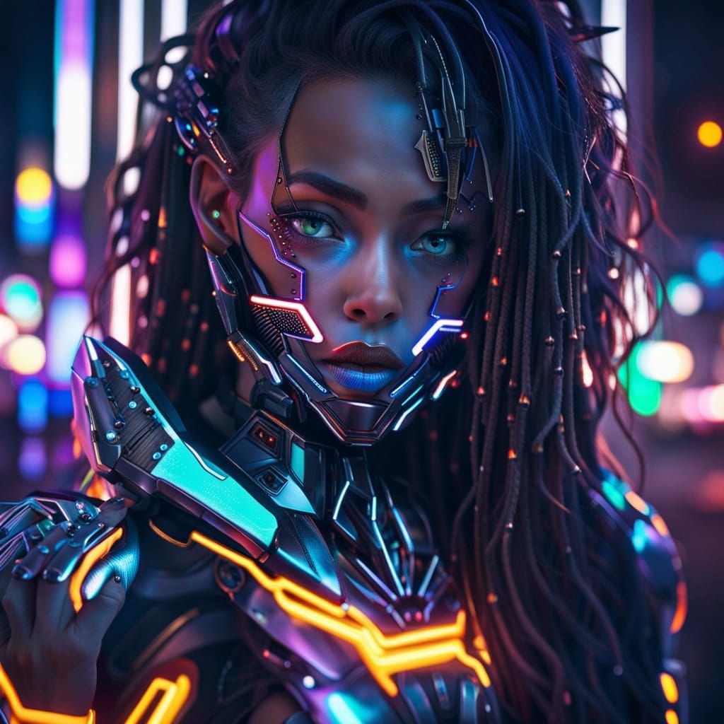 Cyborg Girl Portrait in Neon City at Night
