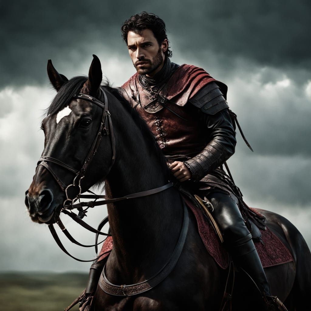 Dark Fantasy Warrior on Horseback in Chiaroscuro Style