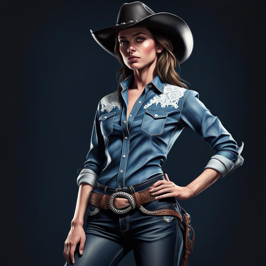 Cowgirl in Denim: Hyperrealistic Digital Portrait