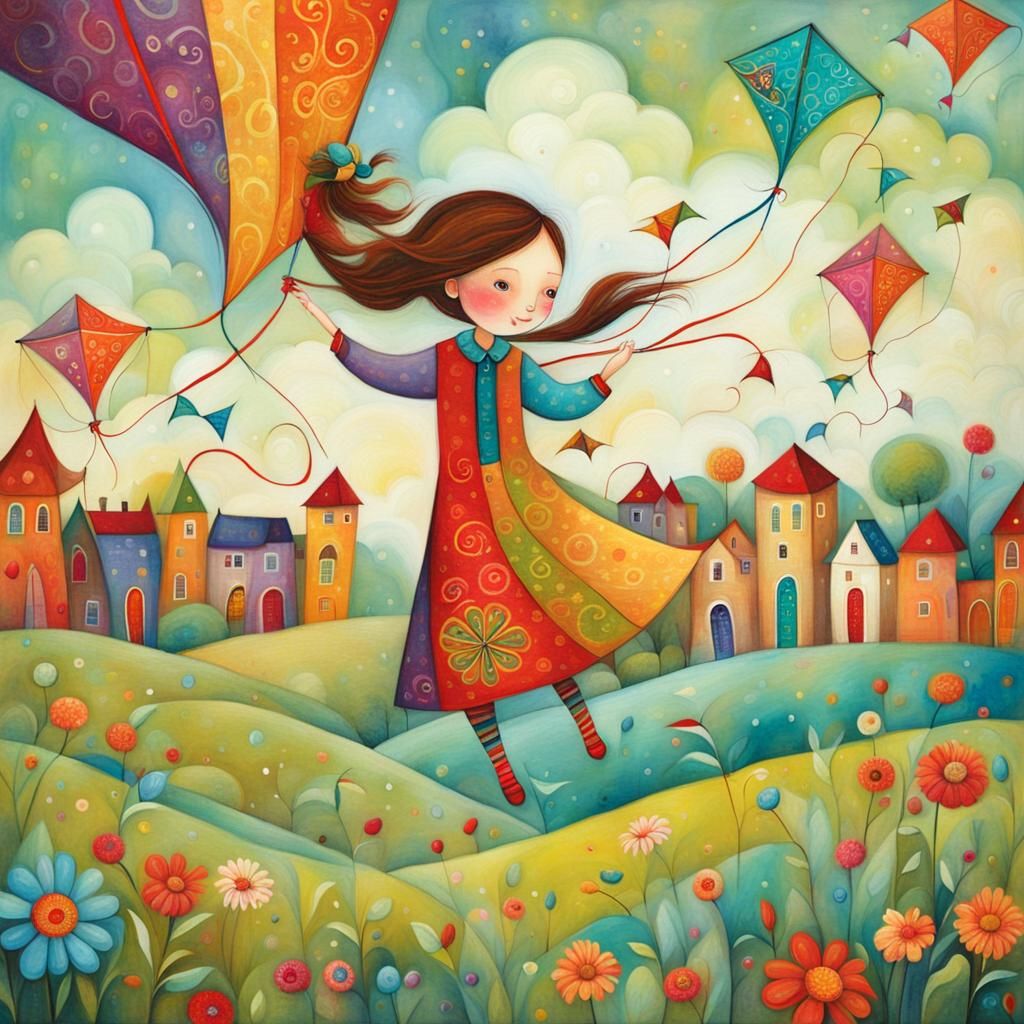 Children Fly Kites in Lively, Whimsical Style