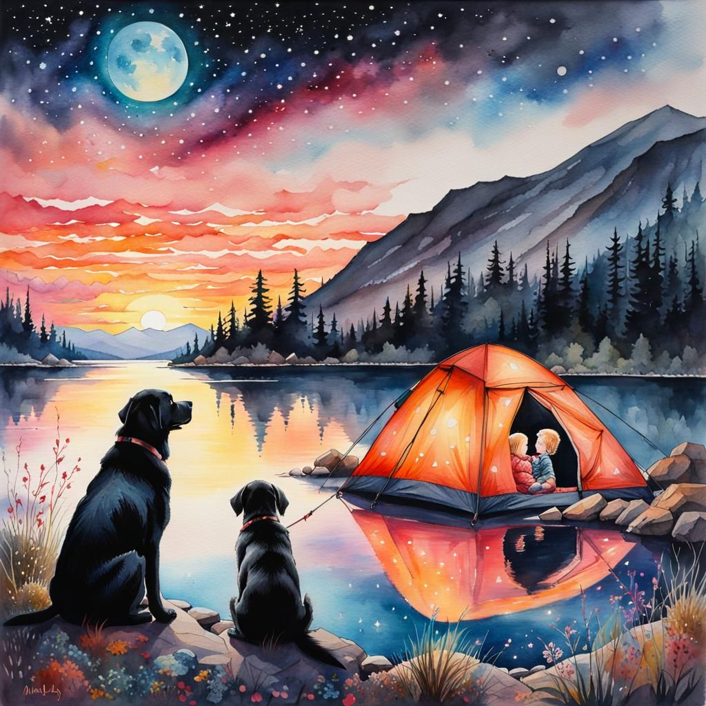 Watercolor Camping Scene with Toddler and Labrador