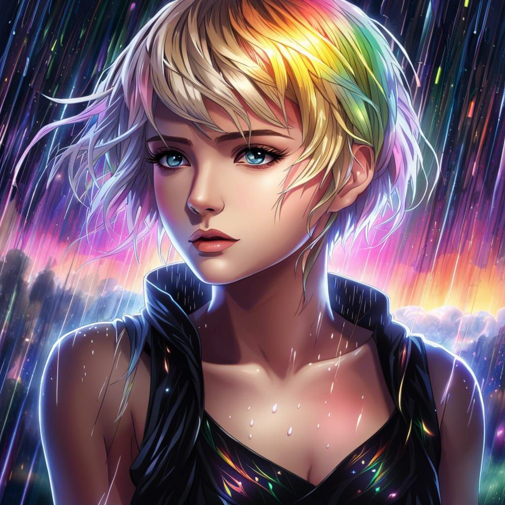 Anime Woman with Rainbow Eyes in Rain