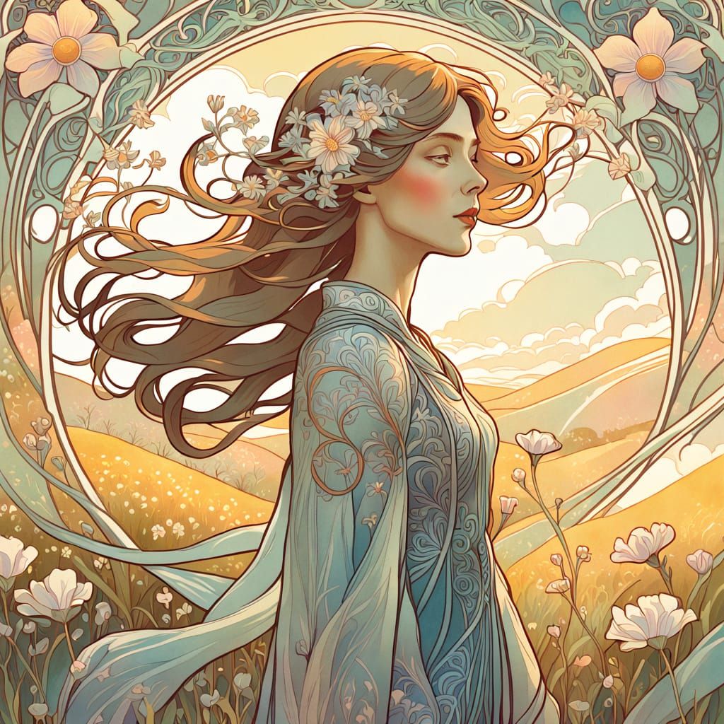 Art Nouveau Woman in a Wildflower Field